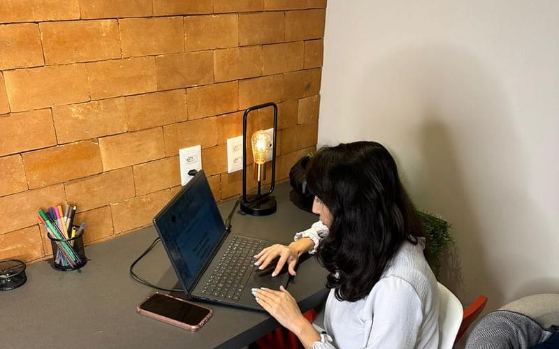Ana Clara Valoz trabalhando à mesa, com notebook e caderno, em um ambiente doméstico.